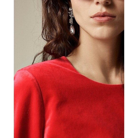 J Crew Womens Long Sleeve Shift Dress Sz 12 Vintage Red Stretch Velvet Preppy - Picture 2 of 4